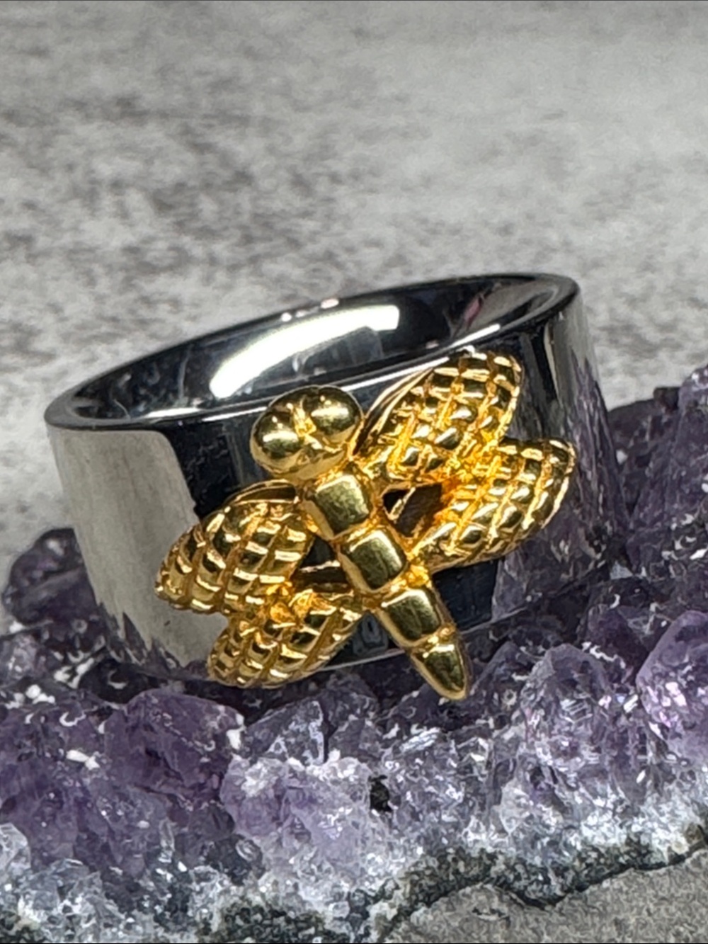 Gold Dragonfly Accent Stainless Steel Ring - Silver & Gold